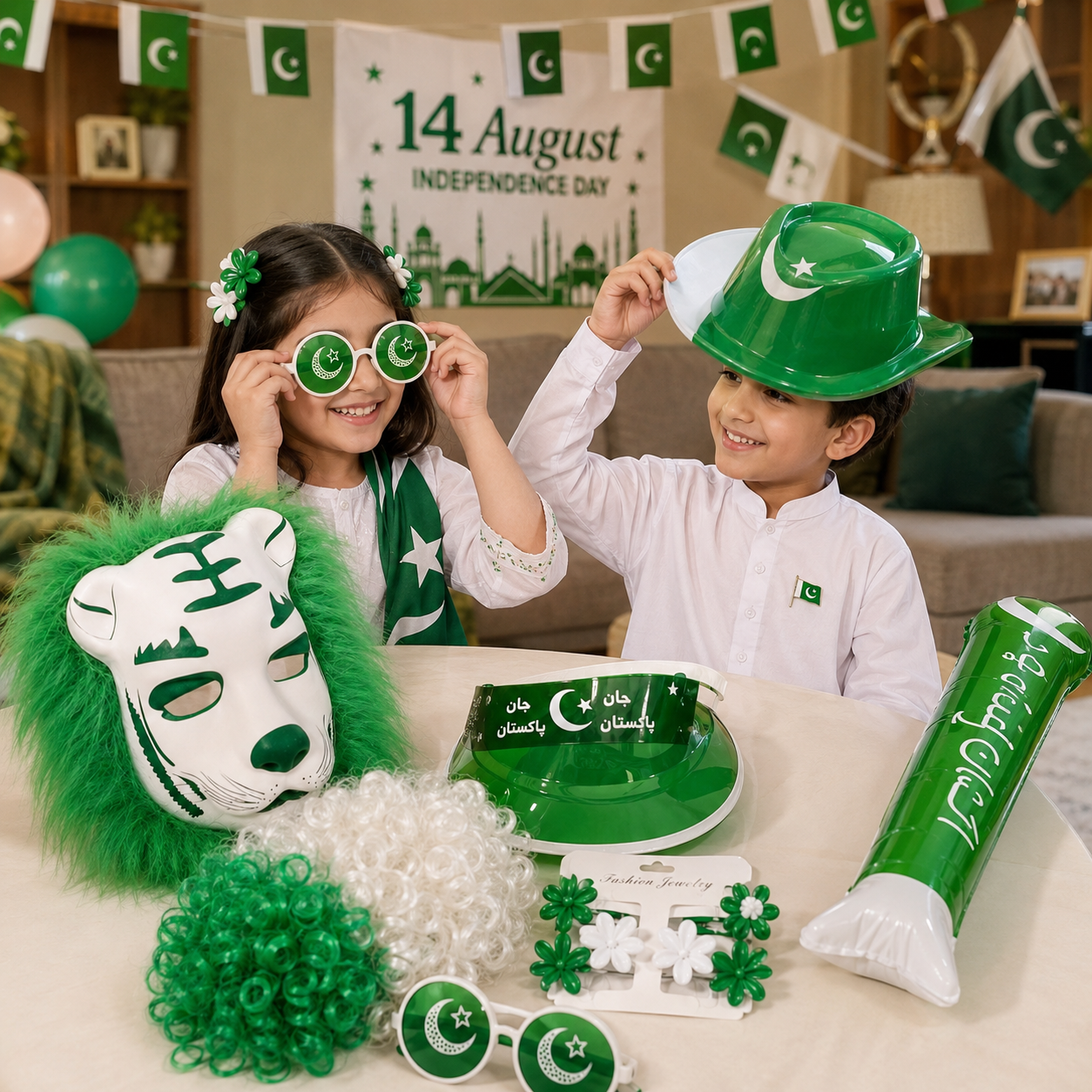 14 August Pakistan Independence Day Kids Gift Pack – Green & White Jashan-e-Azadi Party Accessories Set with Cap, Glasses, Hair Clips, Mask, Wig & Inflatable Cheer Stick - Image 4