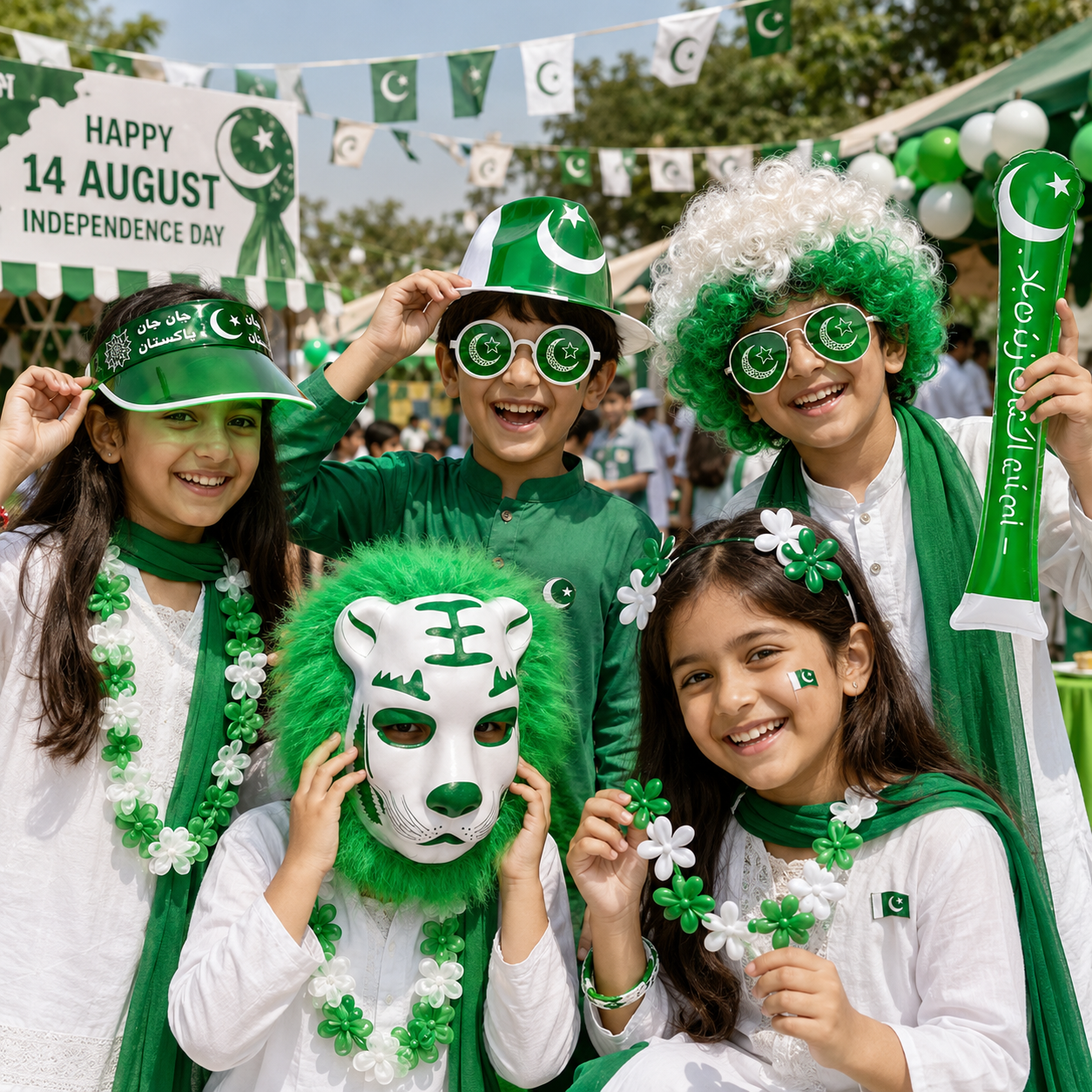 14 August Pakistan Independence Day Kids Gift Pack – Green & White Jashan-e-Azadi Party Accessories Set with Cap, Glasses, Hair Clips, Mask, Wig & Inflatable Cheer Stick - Image 3