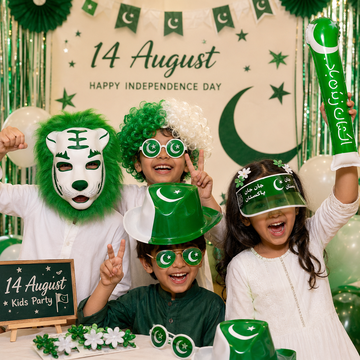 14 August Pakistan Independence Day Kids Gift Pack – Green & White Jashan-e-Azadi Party Accessories Set with Cap, Glasses, Hair Clips, Mask, Wig & Inflatable Cheer Stick - Image 2