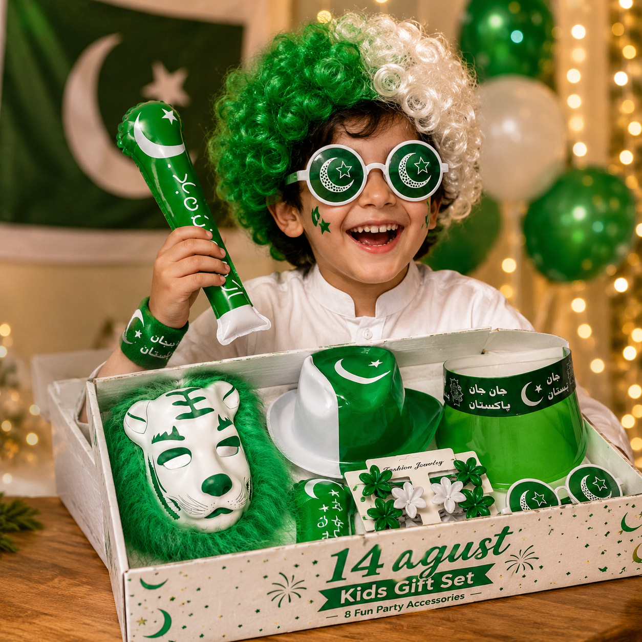14 August Pakistan Independence Day Kids Gift Pack – Green & White Jashan-e-Azadi Party Accessories Set with Cap, Glasses, Hair Clips, Mask, Wig & Inflatable Cheer Stick - Image 8