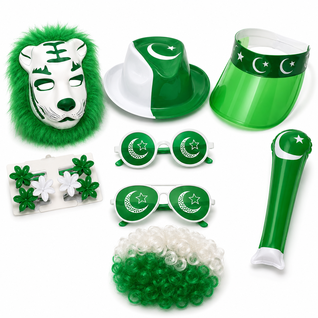 14 August Pakistan Independence Day Kids Gift Pack – Green & White Jashan-e-Azadi Party Accessories Set with Cap, Glasses, Hair Clips, Mask, Wig & Inflatable Cheer Stick