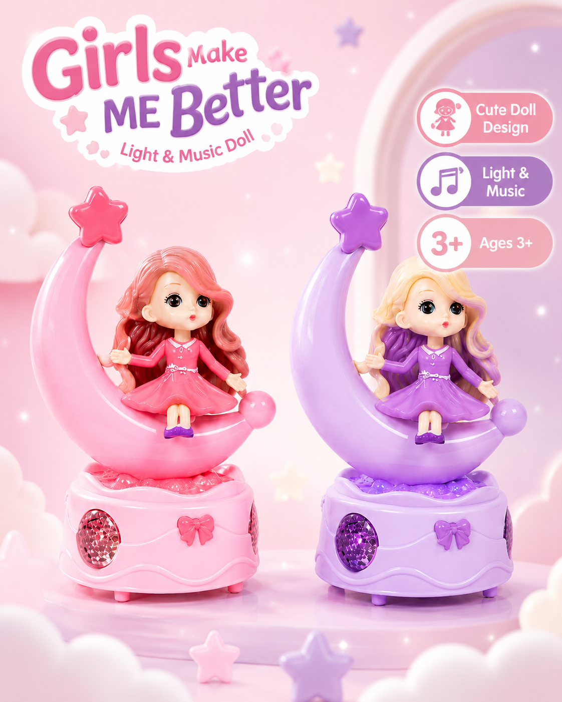 Girls Musical Moon Doll Toy – Battery Operated Princess Doll Sitting on Crescent Moon with Lights & Music – Cute Gift Toy for Girls 3+ Years – Assorted Design - Image 7