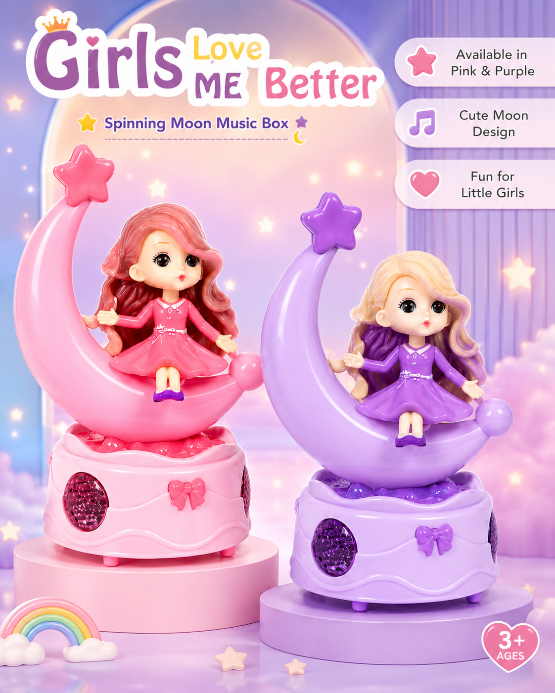 Girls Musical Moon Doll Toy – Battery Operated Princess Doll Sitting on Crescent Moon with Lights & Music – Cute Gift Toy for Girls 3+ Years – Assorted Design - Image 3