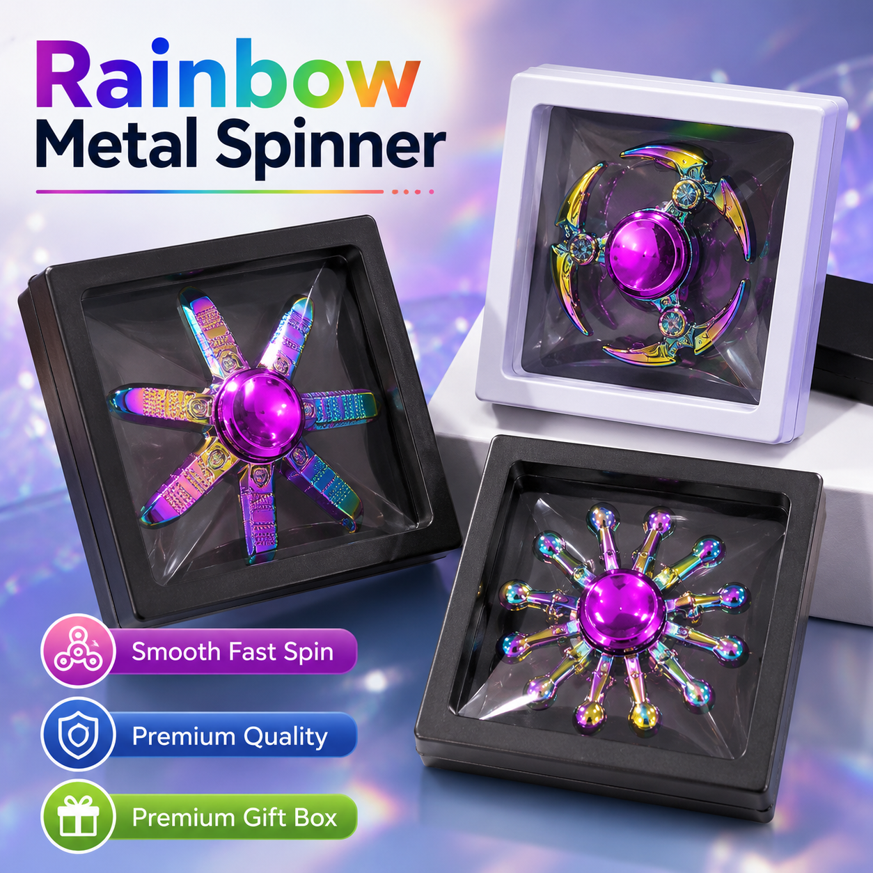 Rainbow Fidget Spinner Toy – Hand Spinner Stress Relief Focus Toy for Kids & Adults, Smooth Spinning Bearing, Assorted Designs - Image 8