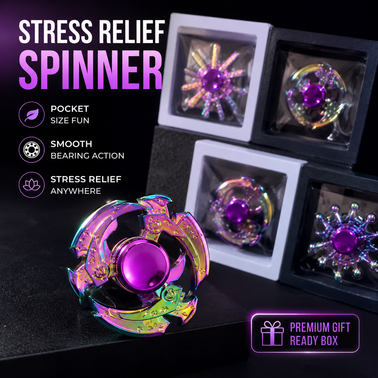 Rainbow Fidget Spinner Toy – Hand Spinner Stress Relief Focus Toy for Kids & Adults, Smooth Spinning Bearing, Assorted Designs - Image 7