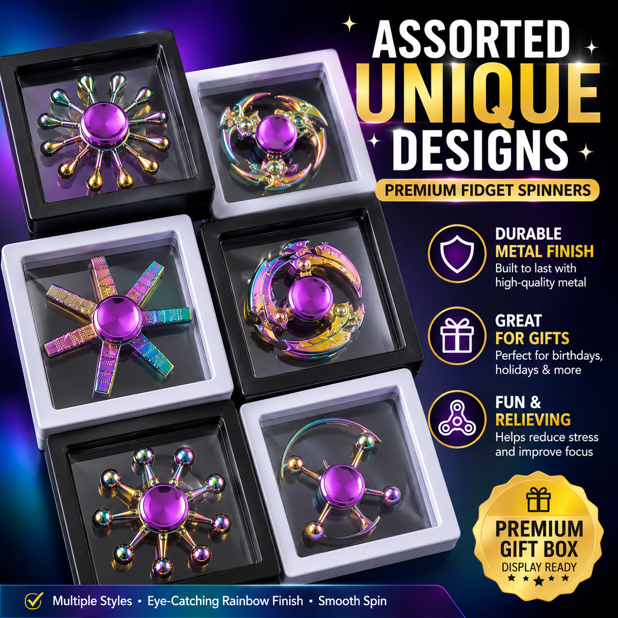 Rainbow Fidget Spinner Toy – Hand Spinner Stress Relief Focus Toy for Kids & Adults, Smooth Spinning Bearing, Assorted Designs - Image 4