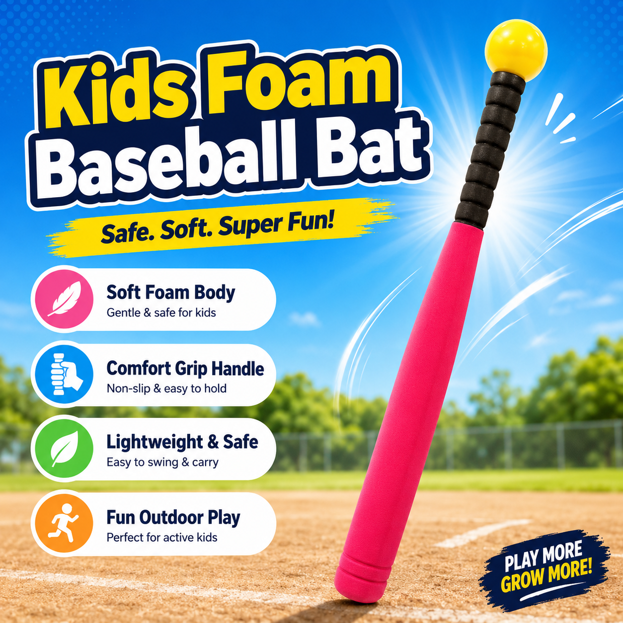 Kids Soft Baseball Bat with Ball Set – Lightweight Foam Bat Toy with Easy Grip Handle, Indoor & Outdoor Sports Play Toy for Boys & Girls - Image 7