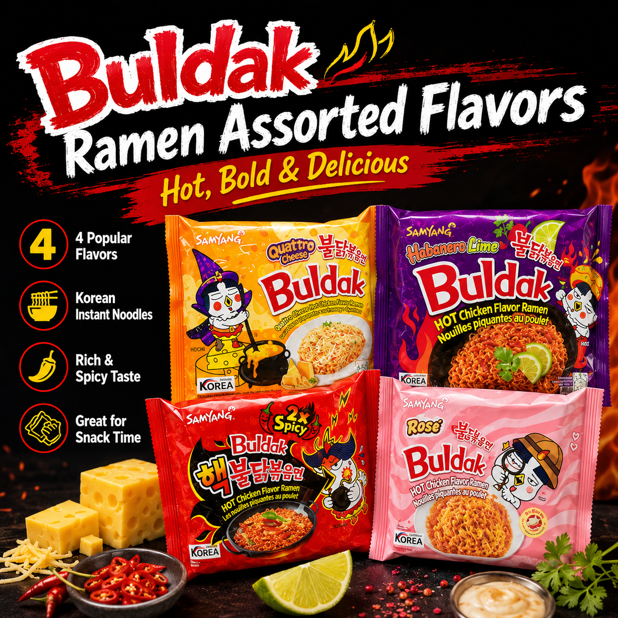 Samyang Buldak Korean Hot Chicken Ramen Noodles – Spicy Instant Noodles Pack, Assorted Flavors, Original / Cheese / Habanero Lime / Rosé, Imported Korean Noodles - Image 8