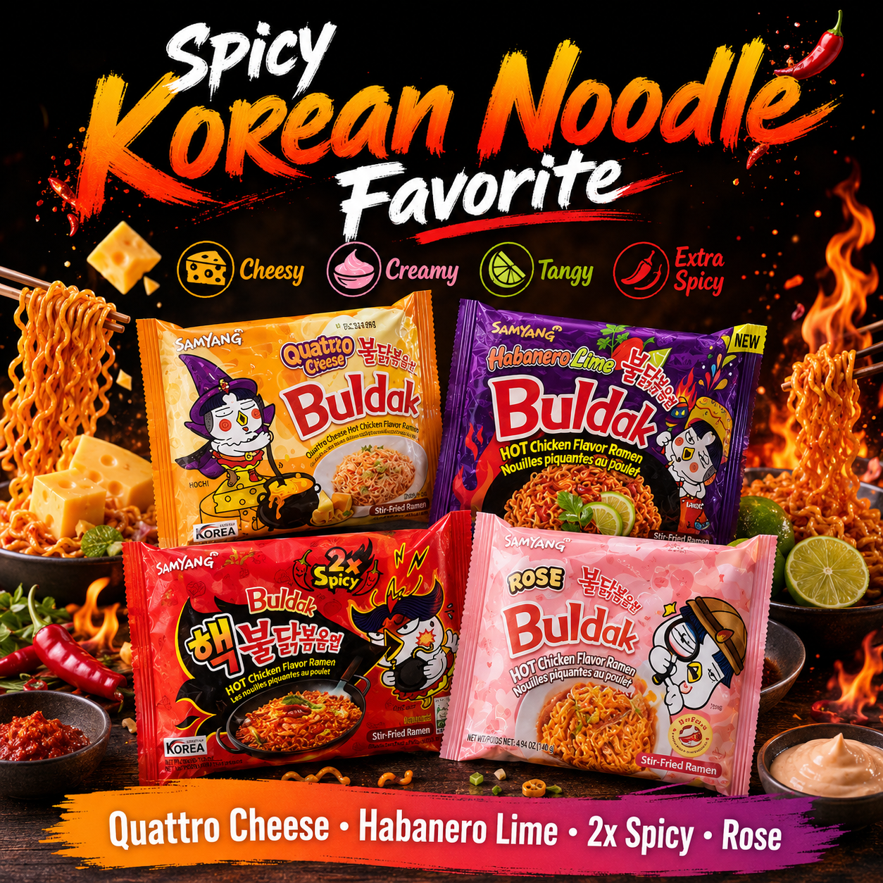 Samyang Buldak Korean Hot Chicken Ramen Noodles – Spicy Instant Noodles Pack, Assorted Flavors, Original / Cheese / Habanero Lime / Rosé, Imported Korean Noodles - Image 6