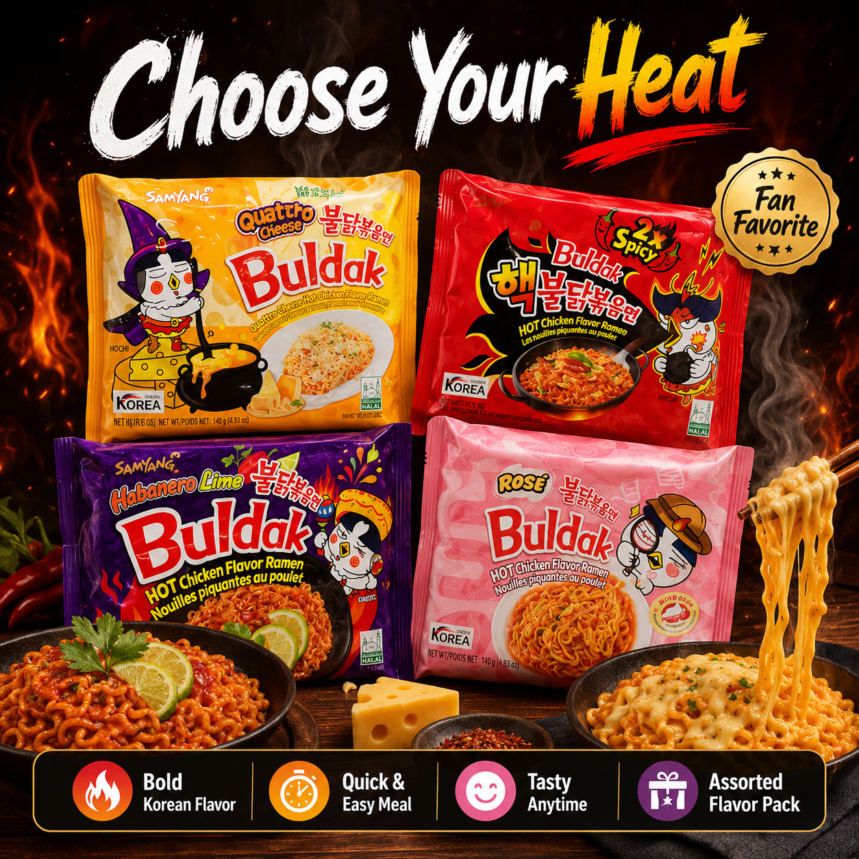 Samyang Buldak Korean Hot Chicken Ramen Noodles – Spicy Instant Noodles Pack, Assorted Flavors, Original / Cheese / Habanero Lime / Rosé, Imported Korean Noodles - Image 7