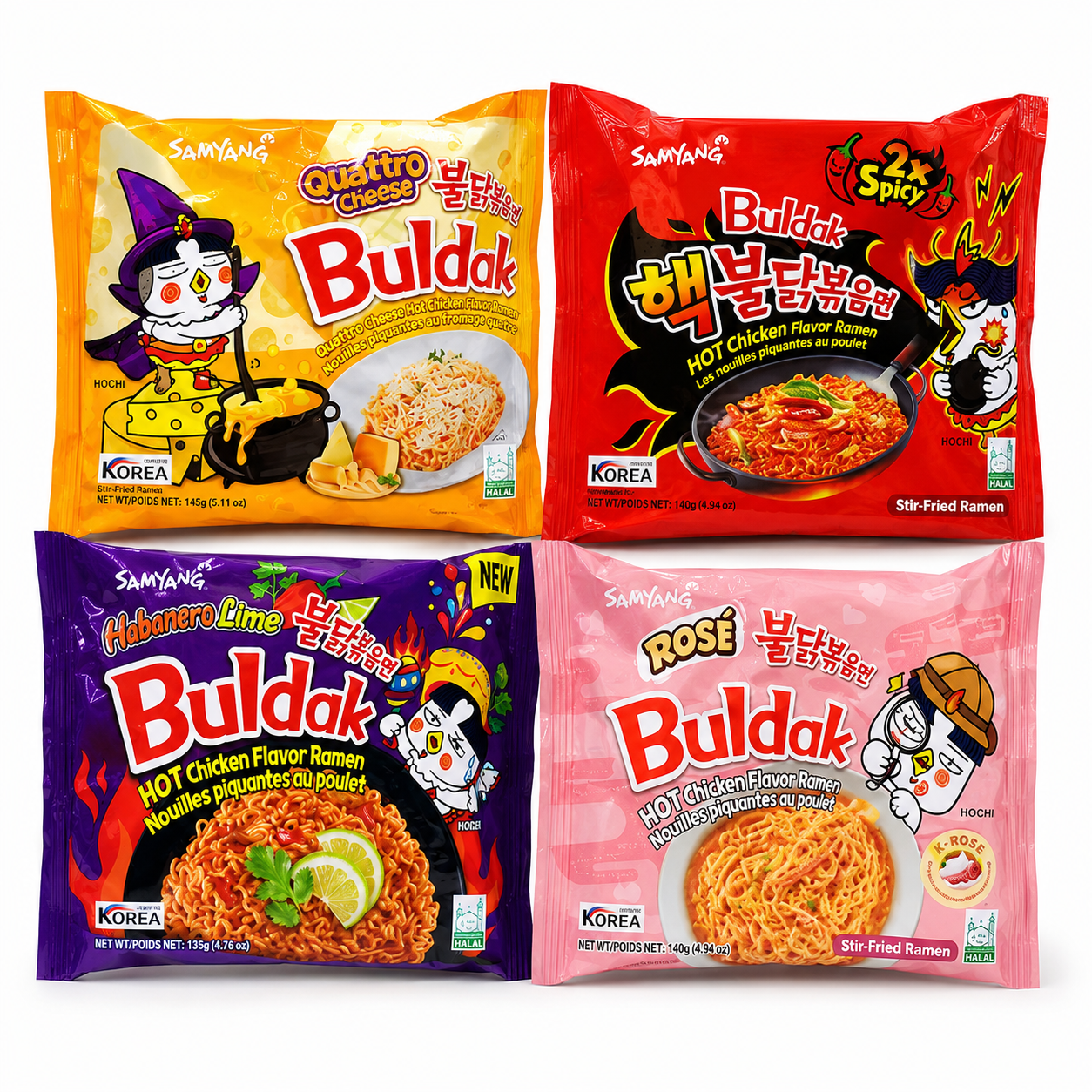 Samyang Buldak Korean Hot Chicken Ramen Noodles – Spicy Instant Noodles Pack, Assorted Flavors, Original / Cheese / Habanero Lime / Rosé, Imported Korean Noodles