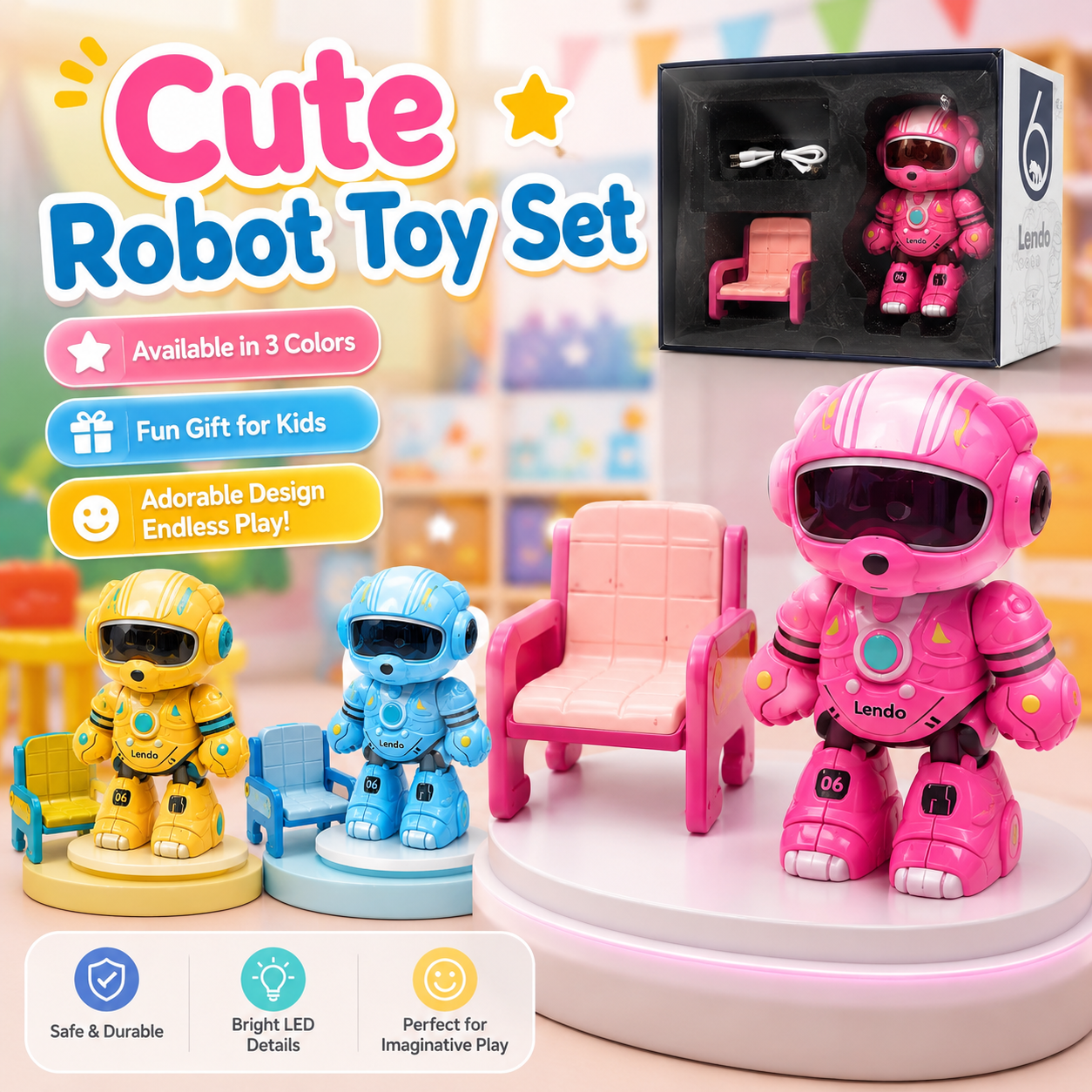 Rechargeable Robot Toy for Kids – Lendo Racing Space Robot Figure with Chair & USB Cable, Cute Cartoon Robot Toy for Boys & Girls, Assorted Colors - Image 9