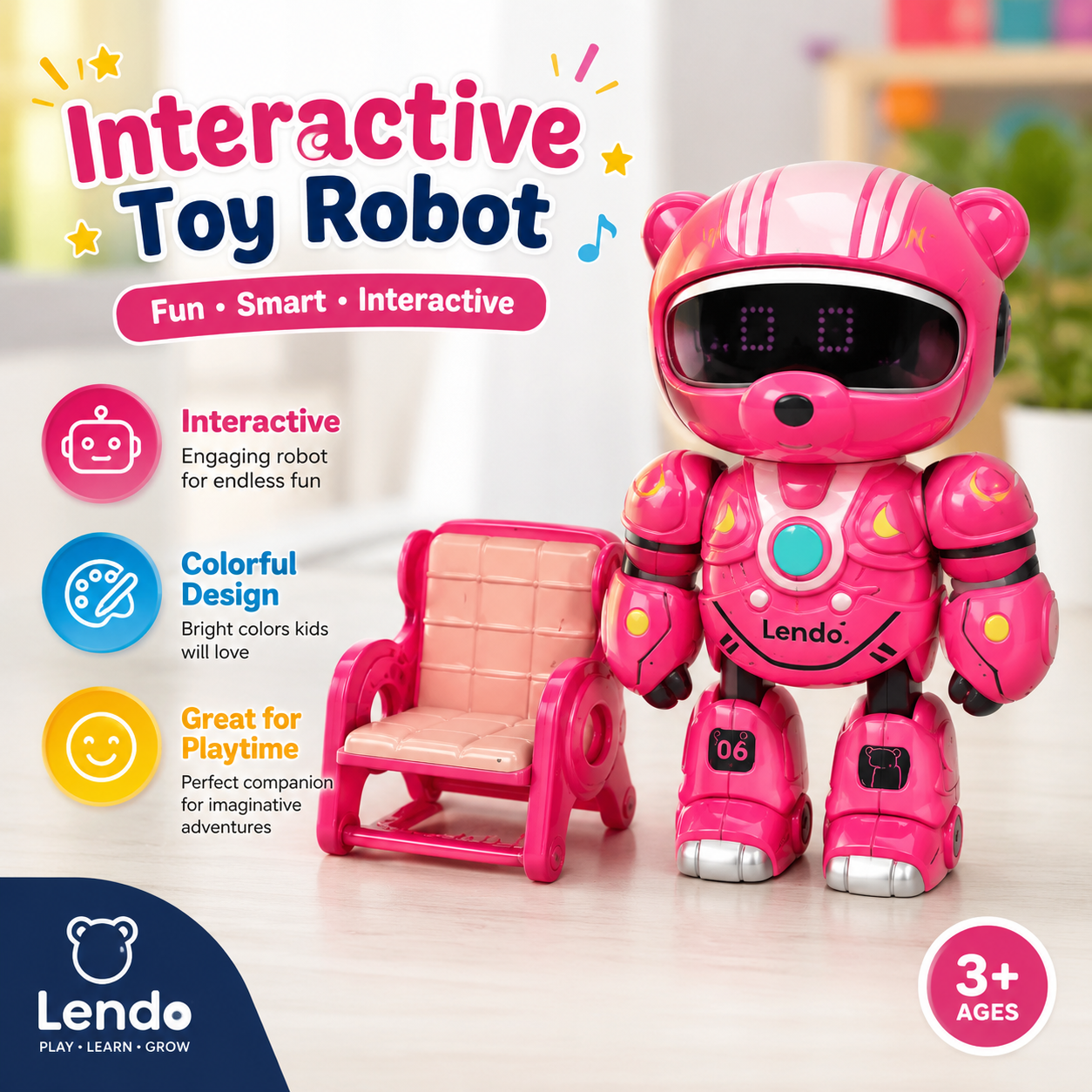Rechargeable Robot Toy for Kids – Lendo Racing Space Robot Figure with Chair & USB Cable, Cute Cartoon Robot Toy for Boys & Girls, Assorted Colors - Image 8