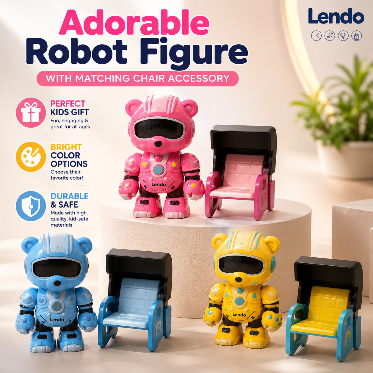 Rechargeable Robot Toy for Kids – Lendo Racing Space Robot Figure with Chair & USB Cable, Cute Cartoon Robot Toy for Boys & Girls, Assorted Colors - Image 7