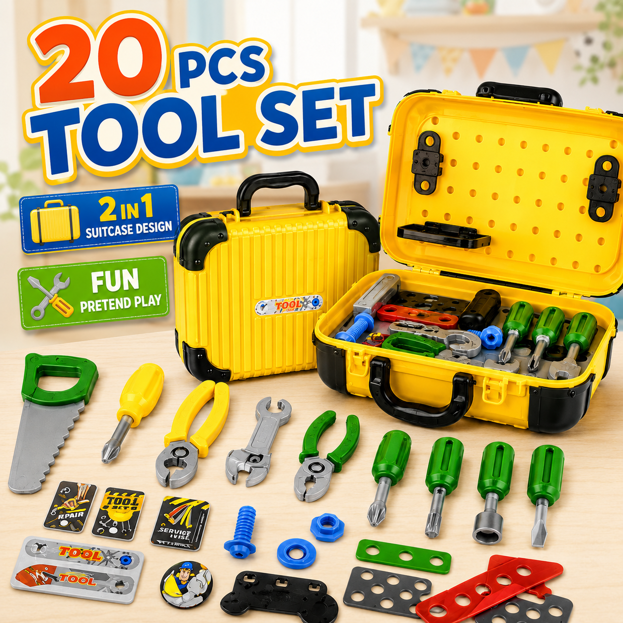 Kids Toy Tool Box Set 20 Pcs – Pretend Play Repair Tool Kit with Carry Case, Screwdriver, Saw, Wrench & Accessories for Boys & Girls - Image 5