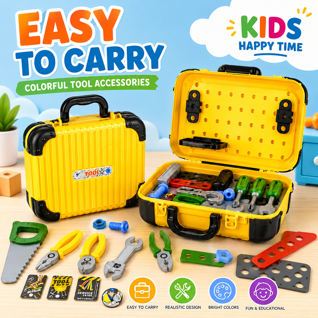 Kids Toy Tool Box Set 20 Pcs – Pretend Play Repair Tool Kit with Carry Case, Screwdriver, Saw, Wrench & Accessories for Boys & Girls - Image 6