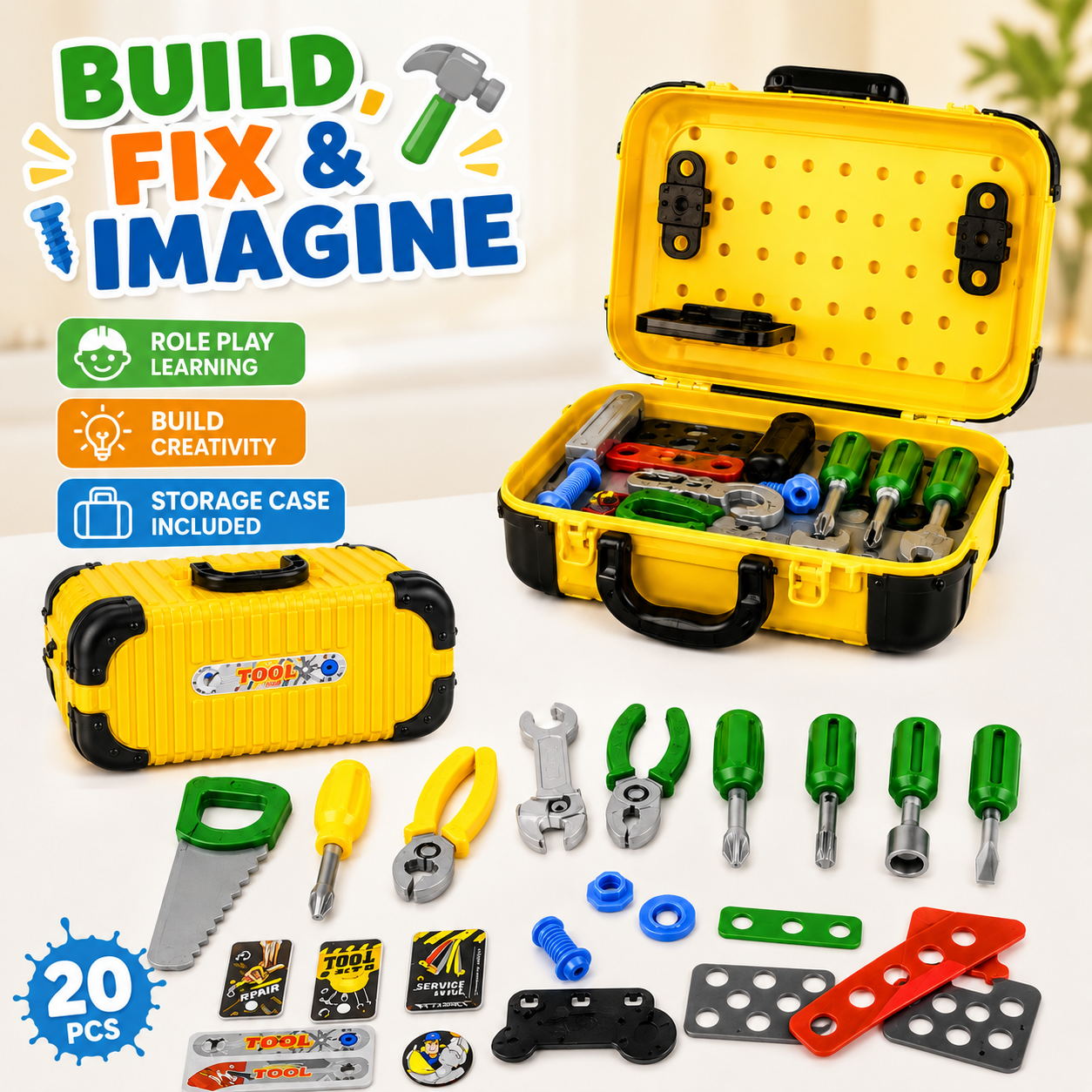 Kids Toy Tool Box Set 20 Pcs – Pretend Play Repair Tool Kit with Carry Case, Screwdriver, Saw, Wrench & Accessories for Boys & Girls - Image 7