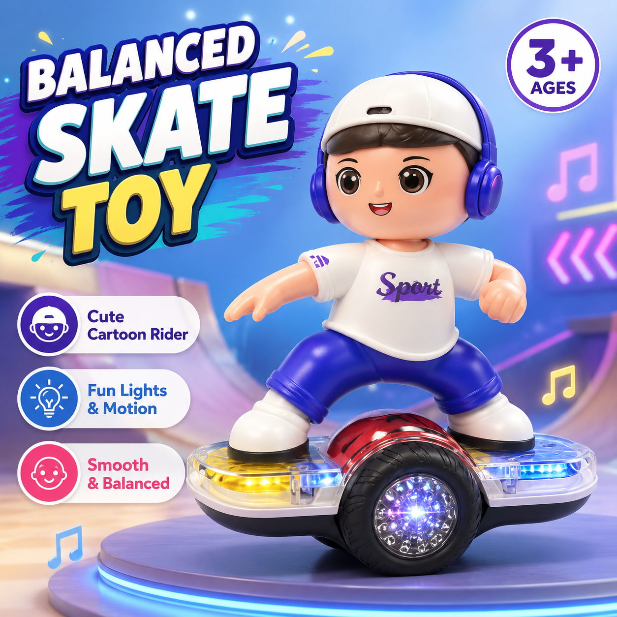 Kids Battery Operated Skating Boy Balance Car Toy – Moving Skateboard Toy with Cute Cartoon Figure, Gear Slide Action Toy for Boys & Girls 3+ Years - Image 5