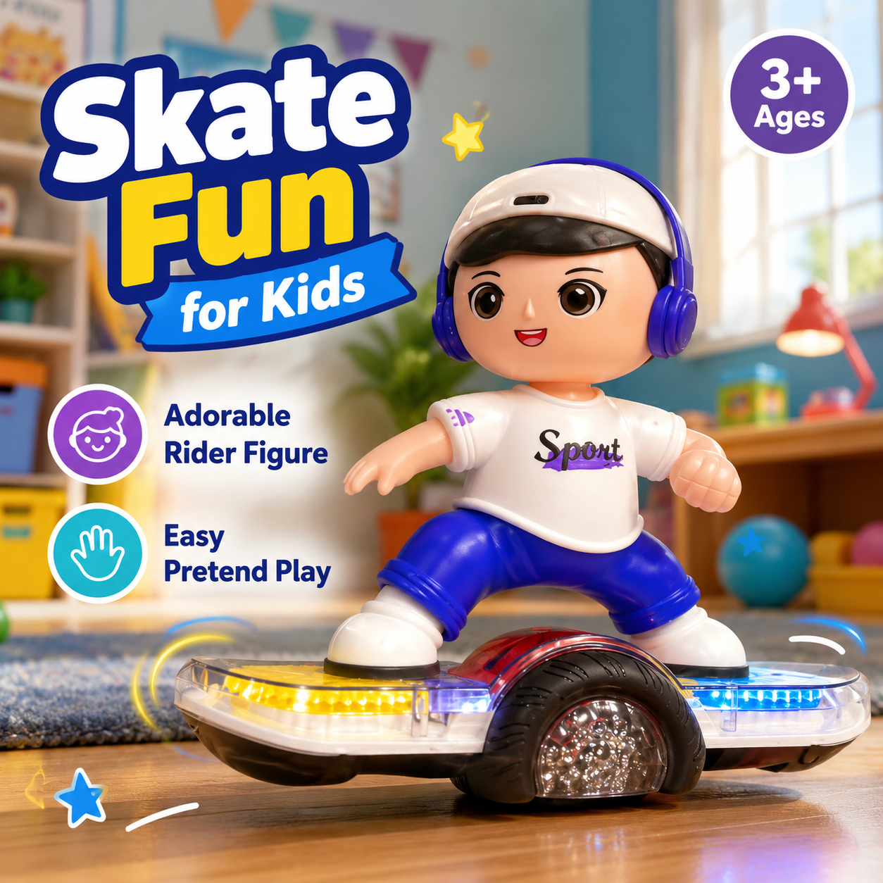 Kids Battery Operated Skating Boy Balance Car Toy – Moving Skateboard Toy with Cute Cartoon Figure, Gear Slide Action Toy for Boys & Girls 3+ Years - Image 6