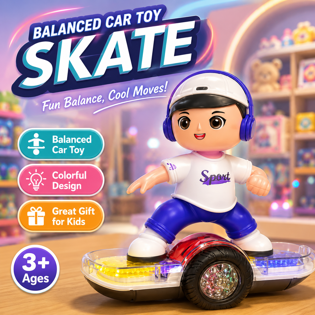 Kids Battery Operated Skating Boy Balance Car Toy – Moving Skateboard Toy with Cute Cartoon Figure, Gear Slide Action Toy for Boys & Girls 3+ Years - Image 8