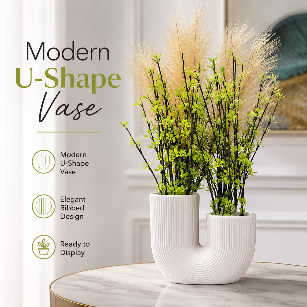 Artificial Green Plant with White U-Shaped Vase – Modern Decorative Flower Pot for Home, Office, Table, Shelf & Living Room Décor - Image 7