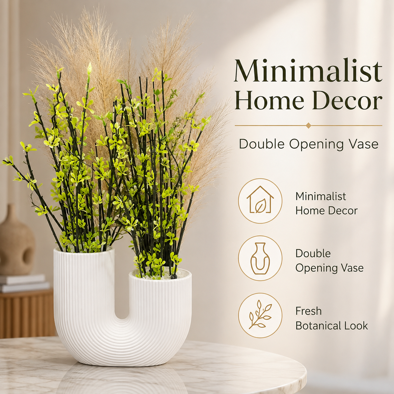 Artificial Green Plant with White U-Shaped Vase – Modern Decorative Flower Pot for Home, Office, Table, Shelf & Living Room Décor - Image 5