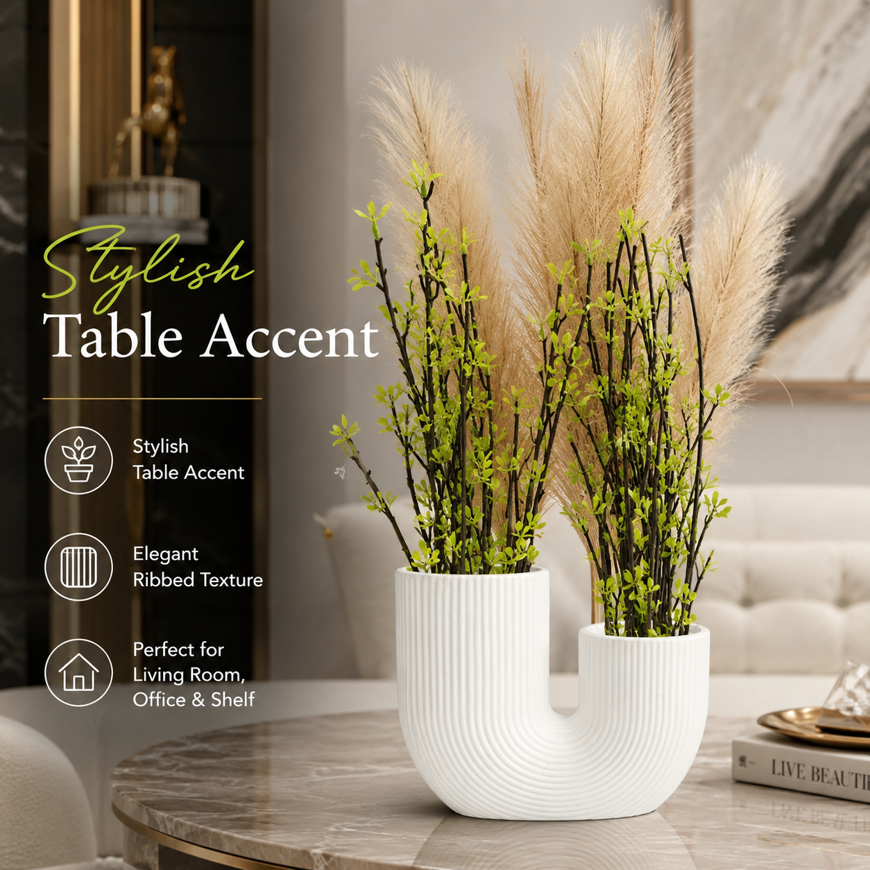Artificial Green Plant with White U-Shaped Vase – Modern Decorative Flower Pot for Home, Office, Table, Shelf & Living Room Décor - Image 6
