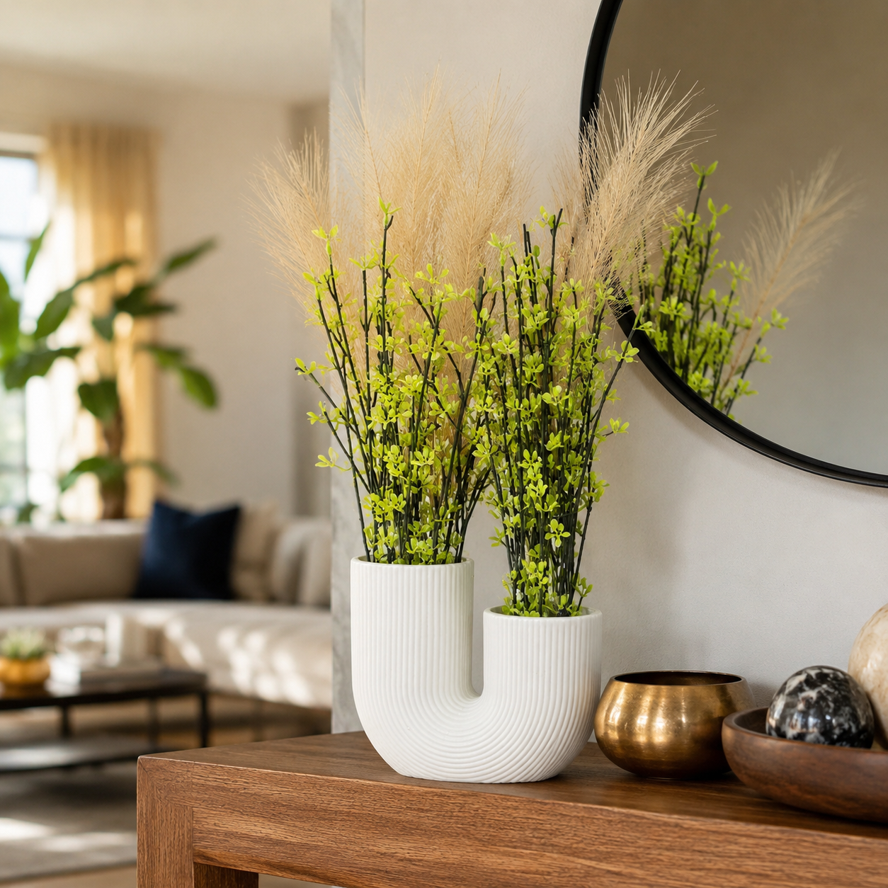 Artificial Green Plant with White U-Shaped Vase – Modern Decorative Flower Pot for Home, Office, Table, Shelf & Living Room Décor - Image 8