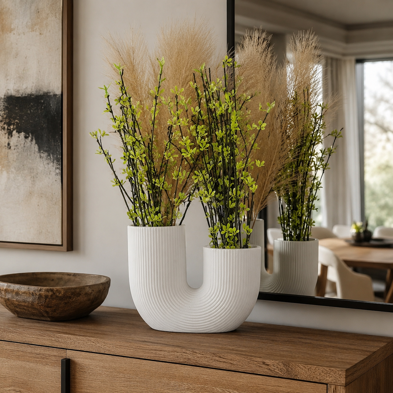 Artificial Green Plant with White U-Shaped Vase – Modern Decorative Flower Pot for Home, Office, Table, Shelf & Living Room Décor - Image 4