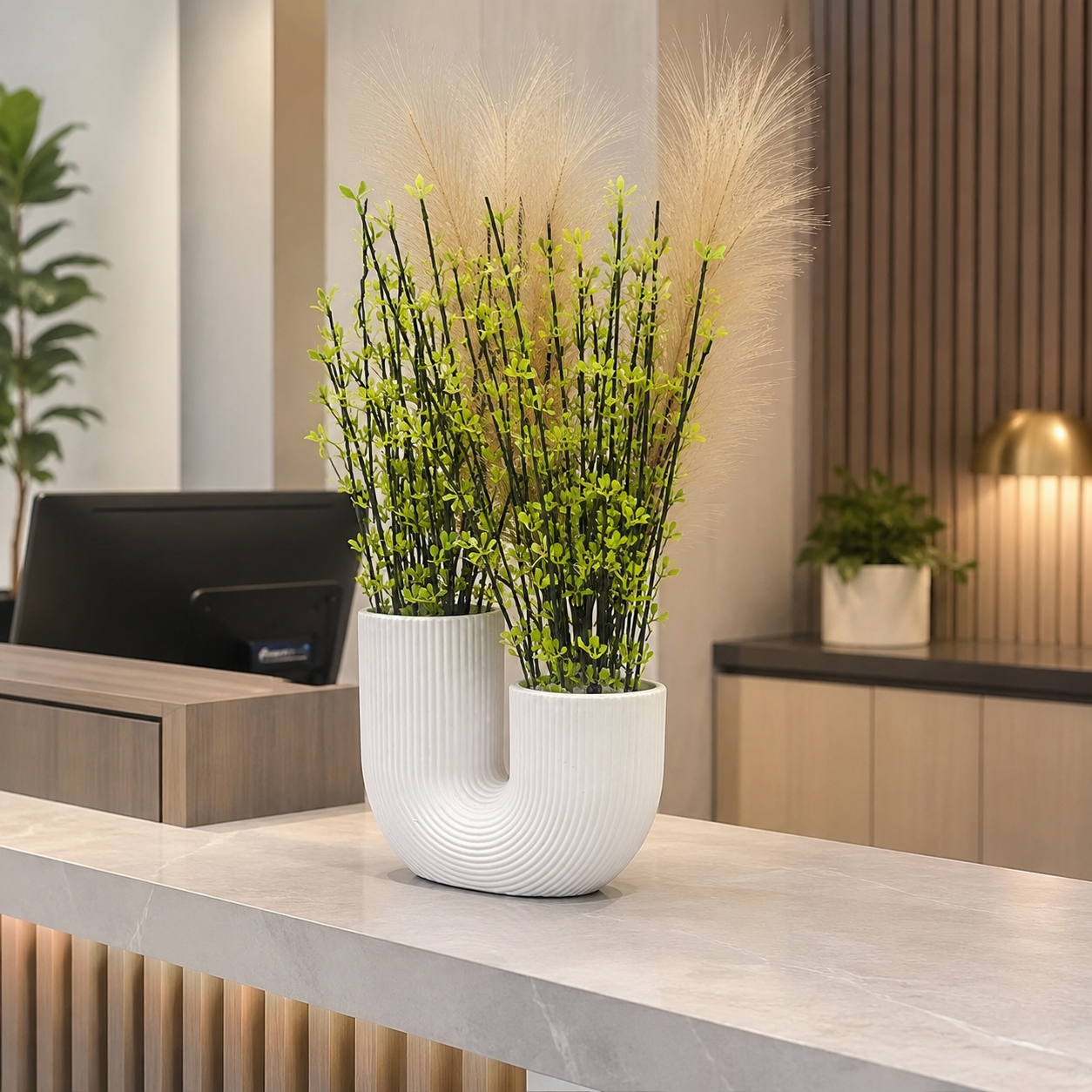 Artificial Green Plant with White U-Shaped Vase – Modern Decorative Flower Pot for Home, Office, Table, Shelf & Living Room Décor - Image 2