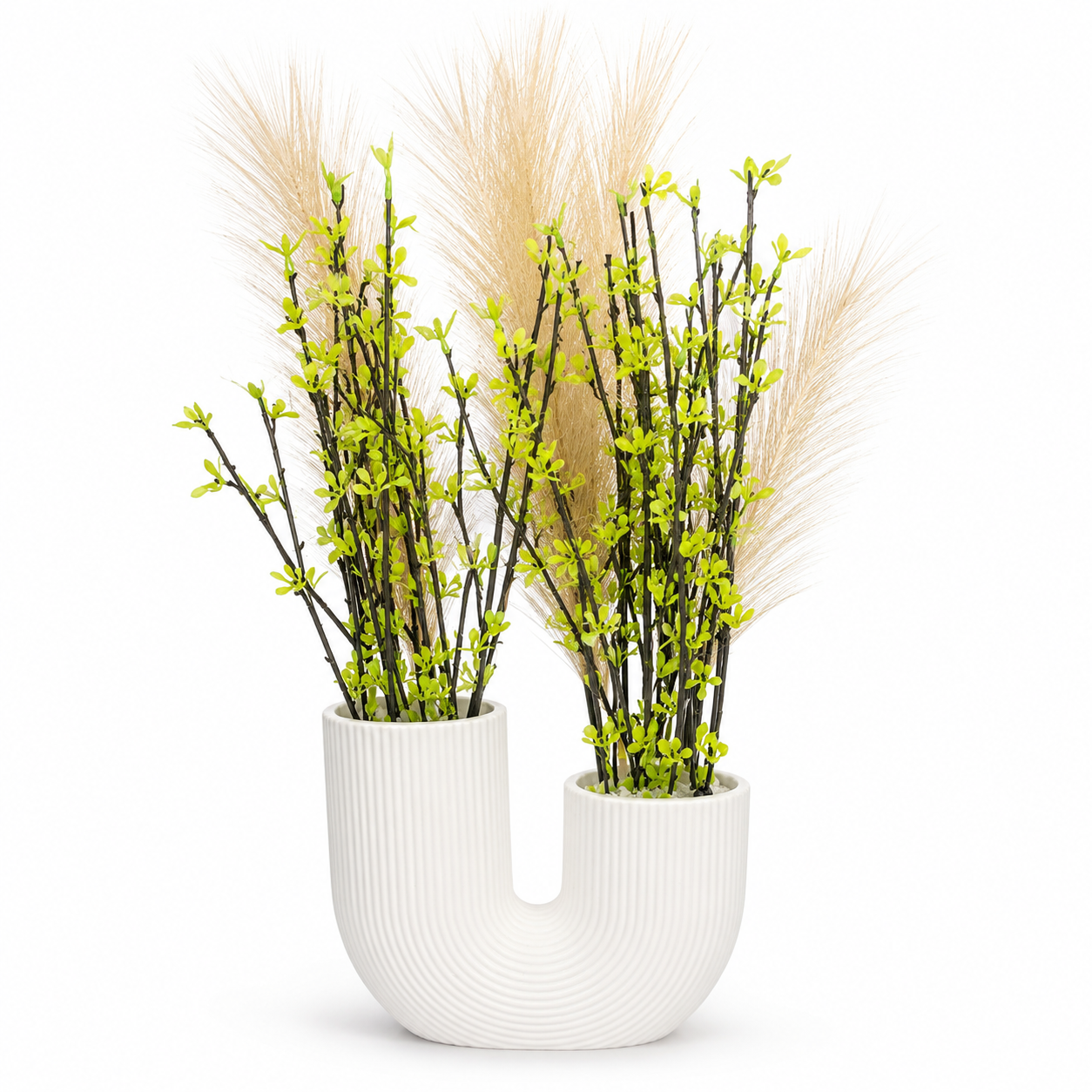 Artificial Green Plant with White U-Shaped Vase – Modern Decorative Flower Pot for Home, Office, Table, Shelf & Living Room Décor - Image 3