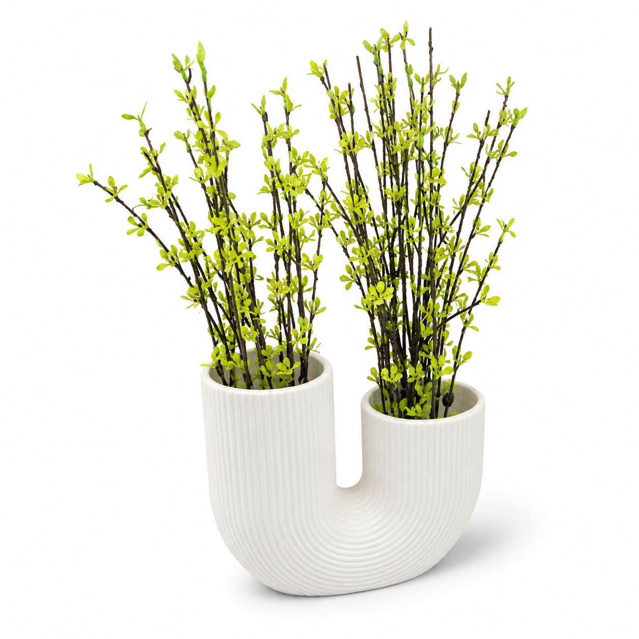 Artificial Green Plant with White U-Shaped Vase – Modern Decorative Flower Pot for Home, Office, Table, Shelf & Living Room Décor