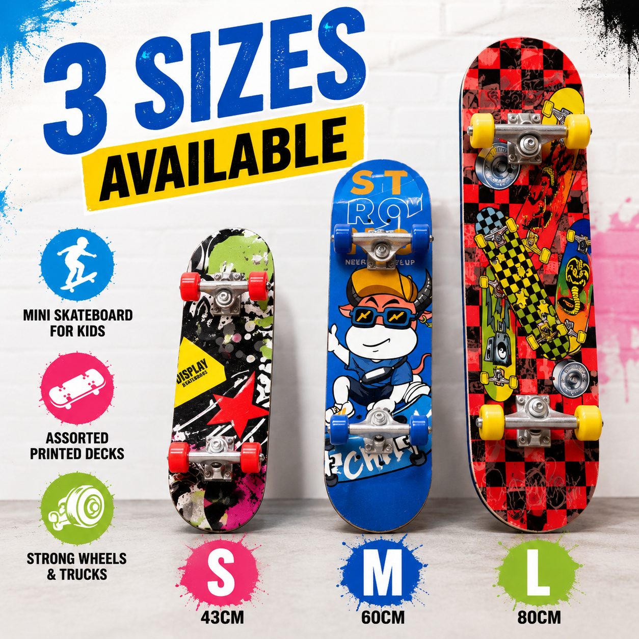 Kids Skateboard for Beginners – Printed Skate Board with Wheels for Outdoor Riding, Balance Training & Fun Play – Assorted Designs - Image 3