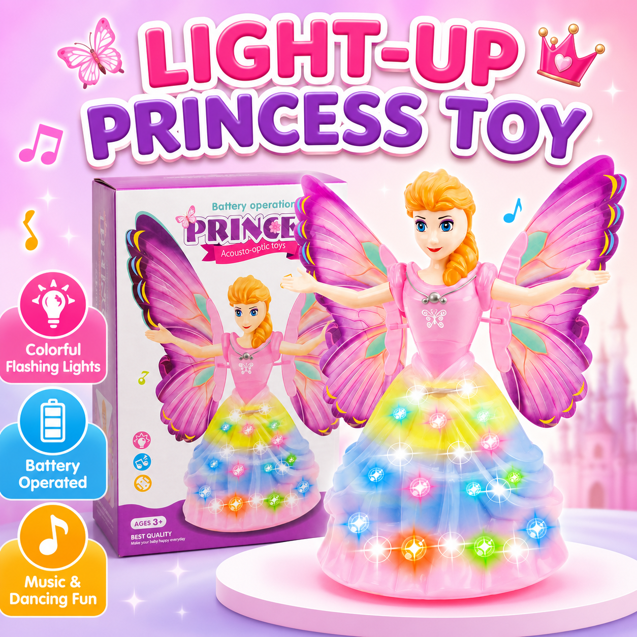 Battery Operated Princess Fairy Doll Toy with Lights & Music | Butterfly Wings Musical Acousto-Optic Toy for Kids Ages 3+ - Image 7