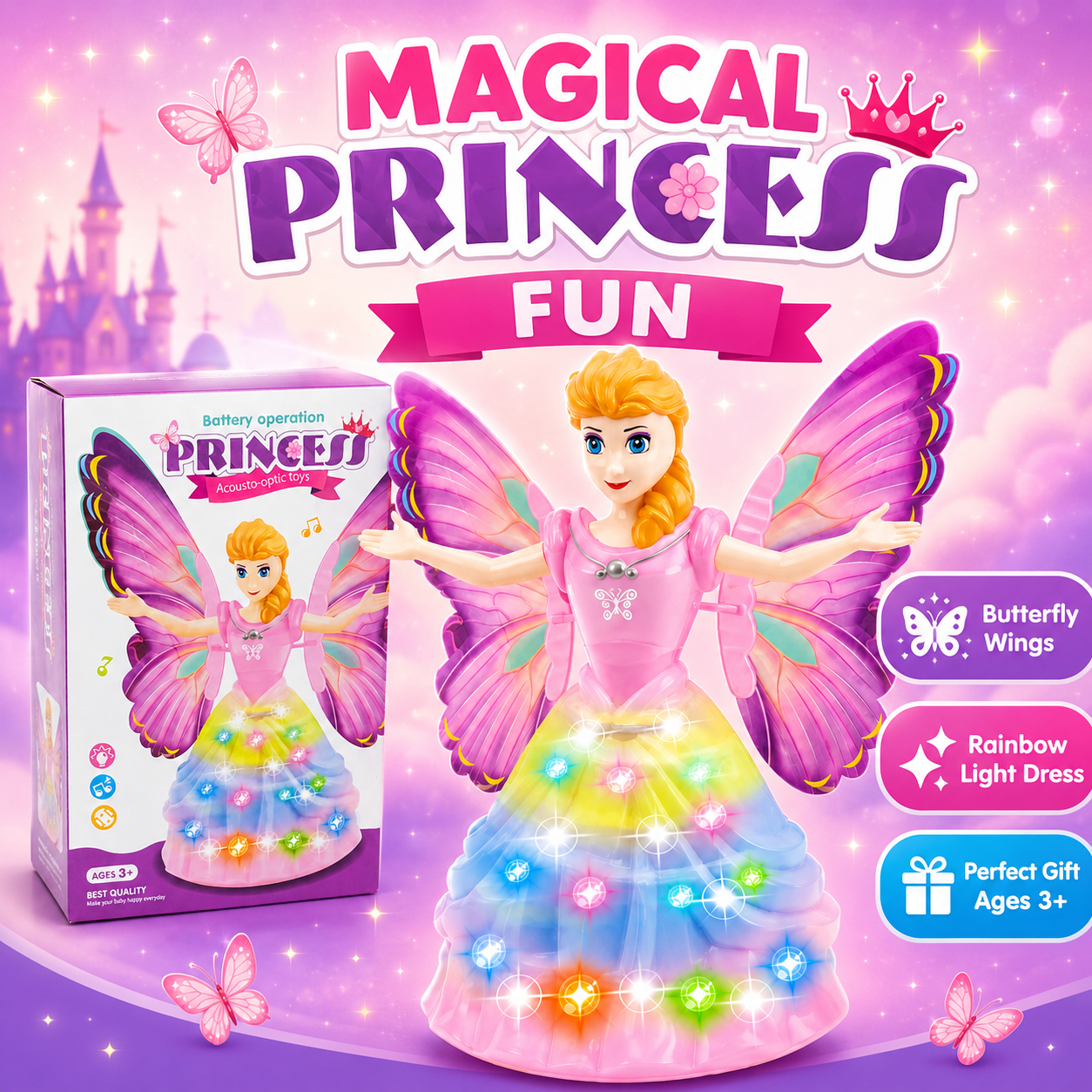 Battery Operated Princess Fairy Doll Toy with Lights & Music | Butterfly Wings Musical Acousto-Optic Toy for Kids Ages 3+ - Image 6