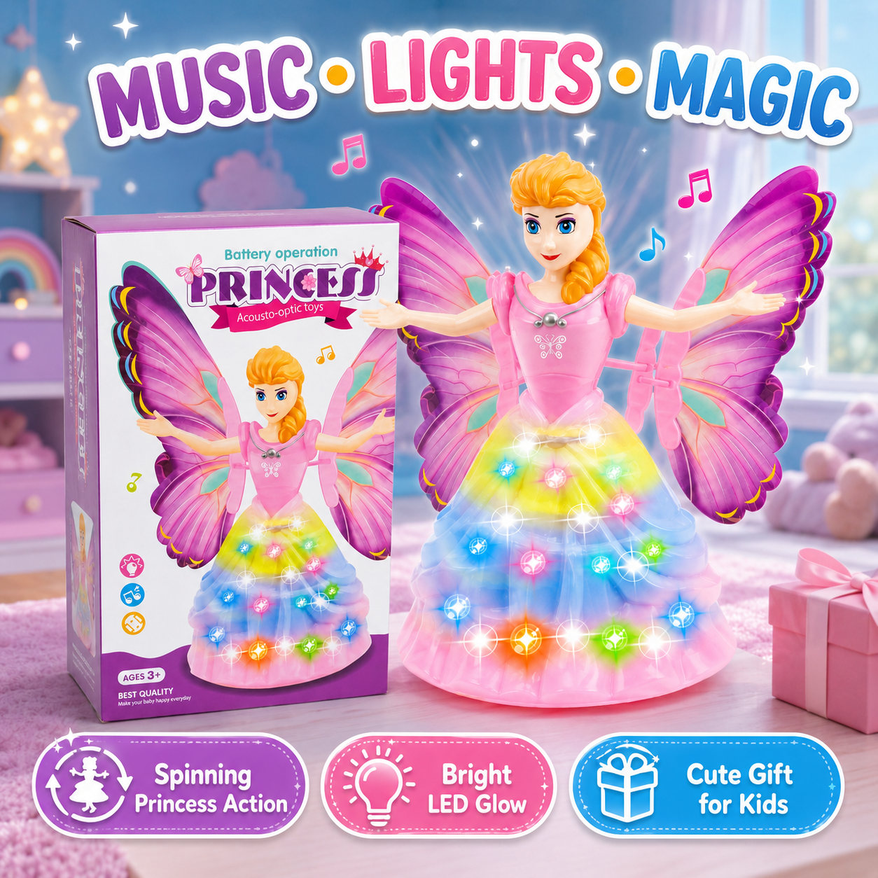 Battery Operated Princess Fairy Doll Toy with Lights & Music | Butterfly Wings Musical Acousto-Optic Toy for Kids Ages 3+ - Image 5