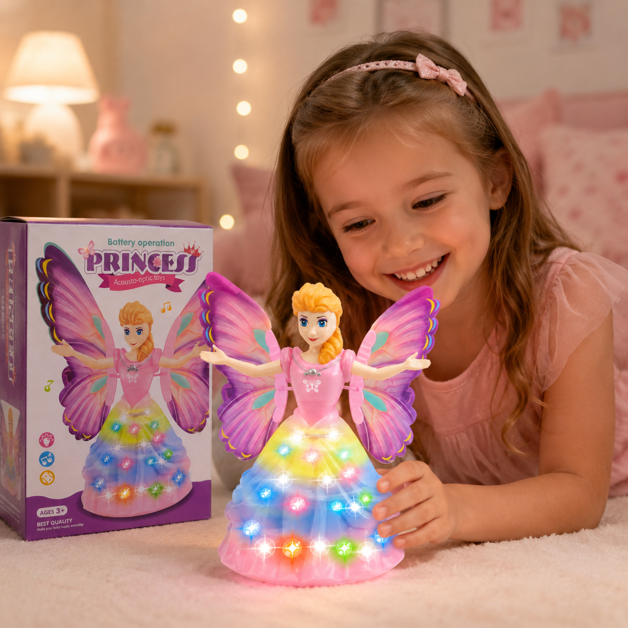 Battery Operated Princess Fairy Doll Toy with Lights & Music | Butterfly Wings Musical Acousto-Optic Toy for Kids Ages 3+ - Image 4
