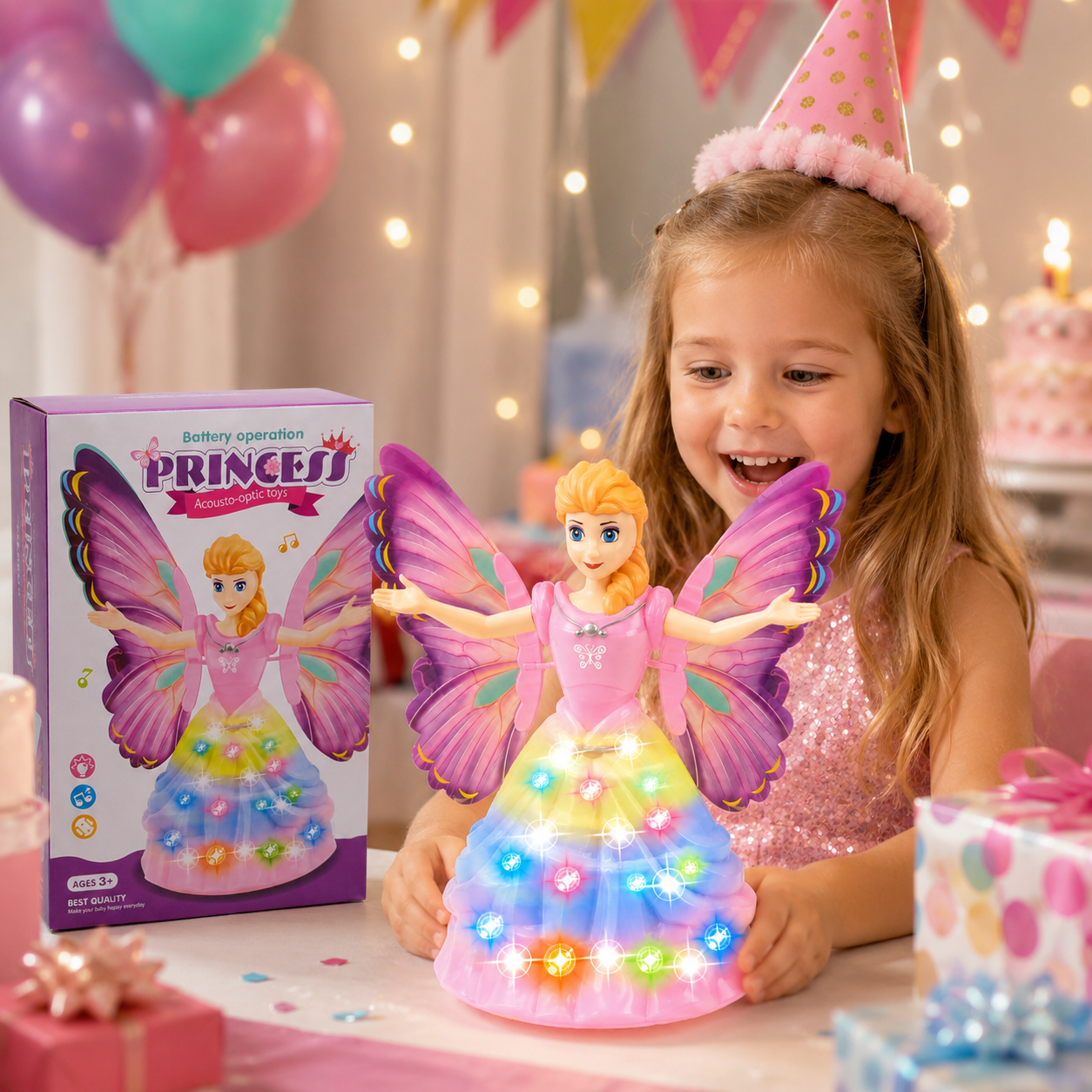 Battery Operated Princess Fairy Doll Toy with Lights & Music | Butterfly Wings Musical Acousto-Optic Toy for Kids Ages 3+ - Image 2