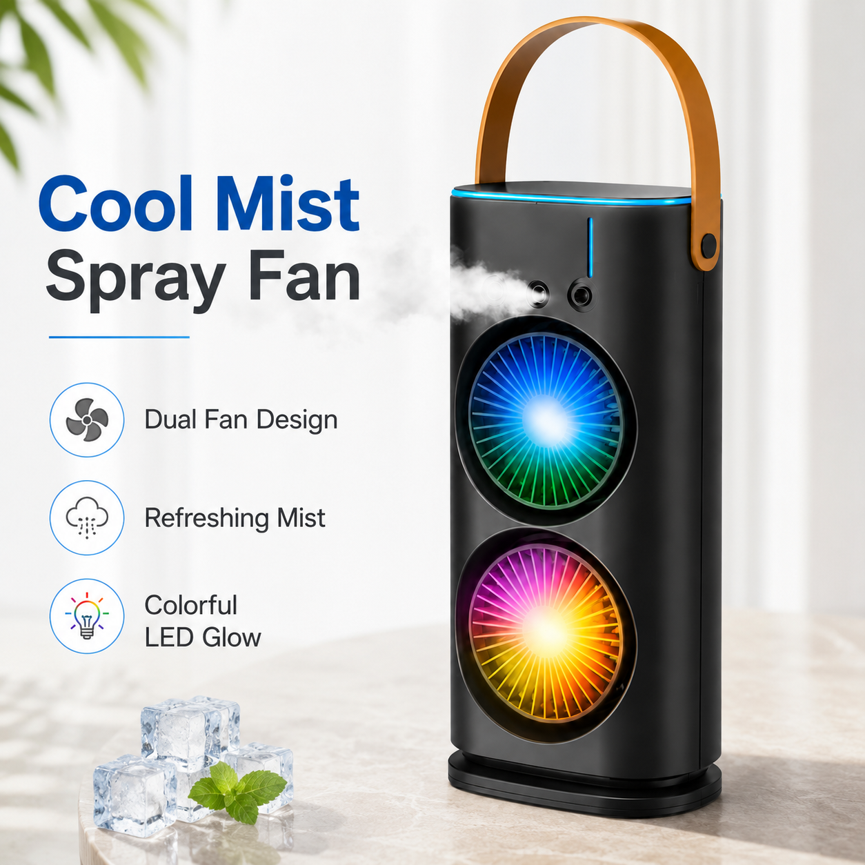 Double Ended Spray Fan Portable Rechargeable Mist Fan – Handheld Cooling Fan with Water Mist, Humidifier Spray, Hanging Handle & Color Light for Home, Office, Travel & Outdoor Use - Image 4