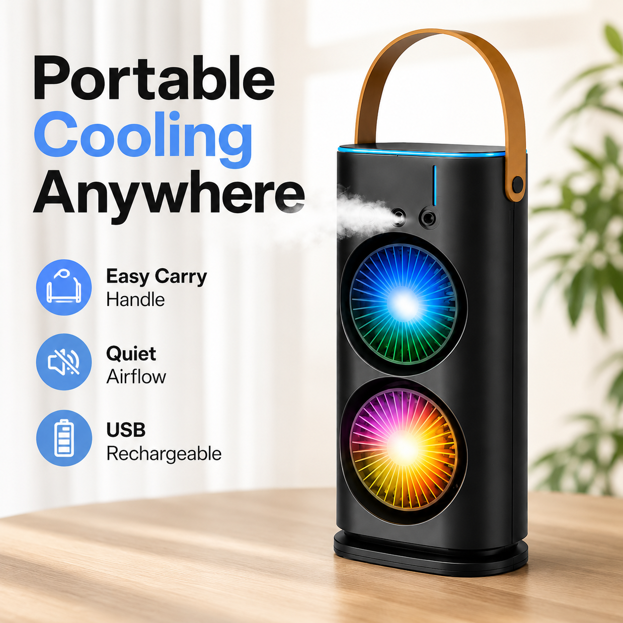 Double Ended Spray Fan Portable Rechargeable Mist Fan – Handheld Cooling Fan with Water Mist, Humidifier Spray, Hanging Handle & Color Light for Home, Office, Travel & Outdoor Use - Image 3