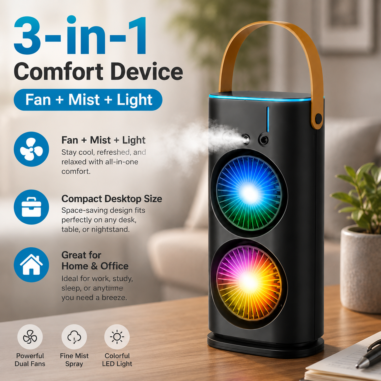 Double Ended Spray Fan Portable Rechargeable Mist Fan – Handheld Cooling Fan with Water Mist, Humidifier Spray, Hanging Handle & Color Light for Home, Office, Travel & Outdoor Use - Image 2