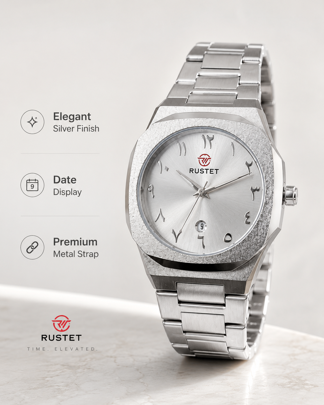 Men’s Analog Wrist Watch – Silver Metal Chain Strap Watch with Arabic Number Dial & Date Display – Casual Quartz Fashion Watch for Men - Image 5