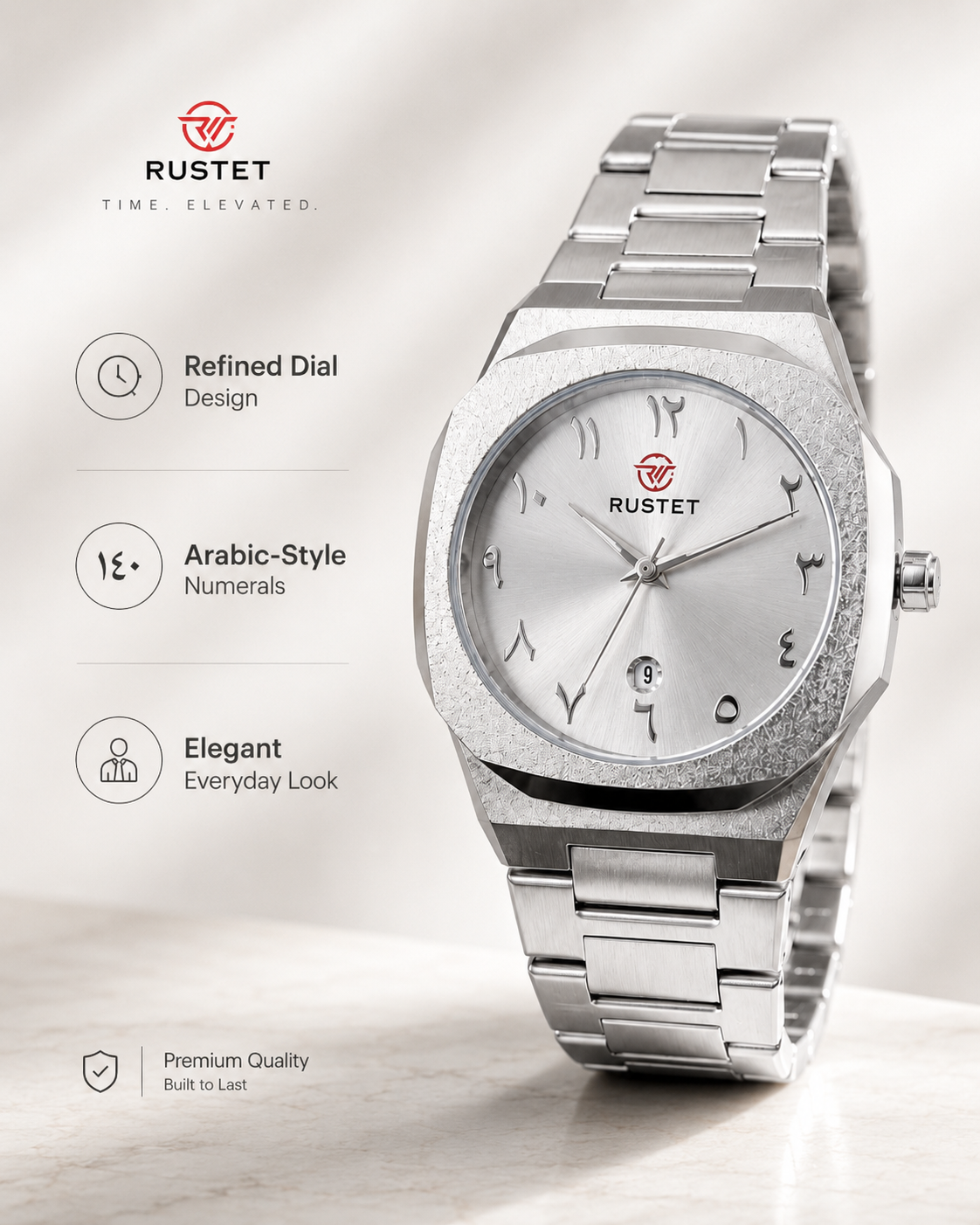 Men’s Analog Wrist Watch – Silver Metal Chain Strap Watch with Arabic Number Dial & Date Display – Casual Quartz Fashion Watch for Men - Image 6