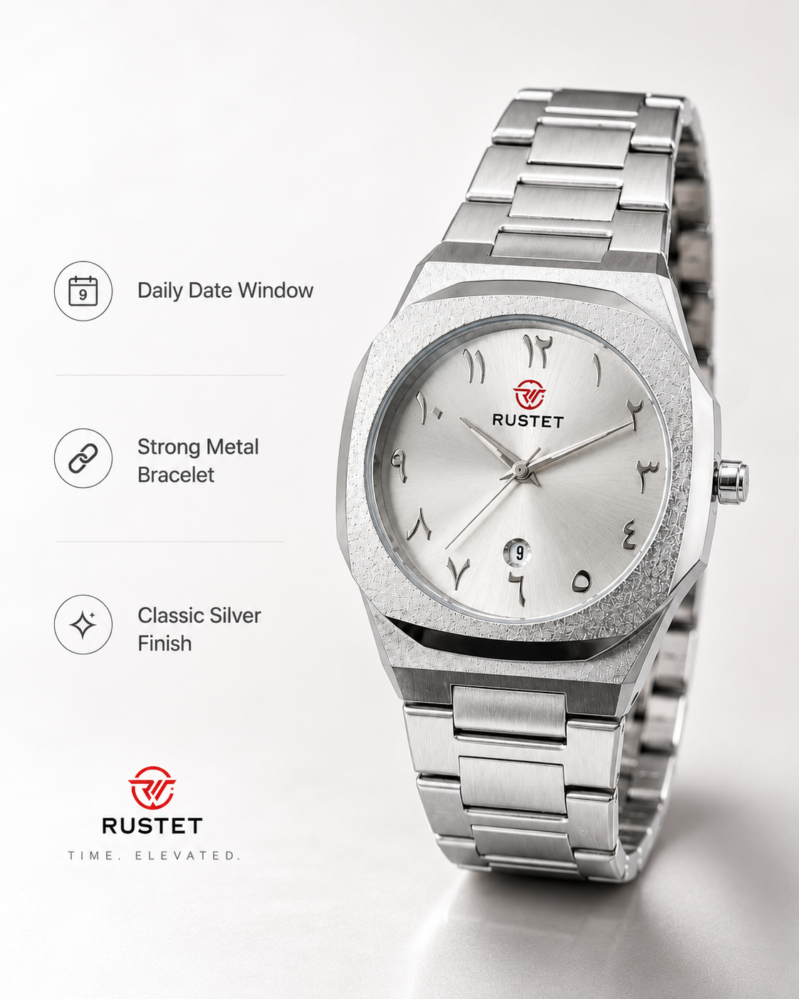 Men’s Analog Wrist Watch – Silver Metal Chain Strap Watch with Arabic Number Dial & Date Display – Casual Quartz Fashion Watch for Men - Image 7