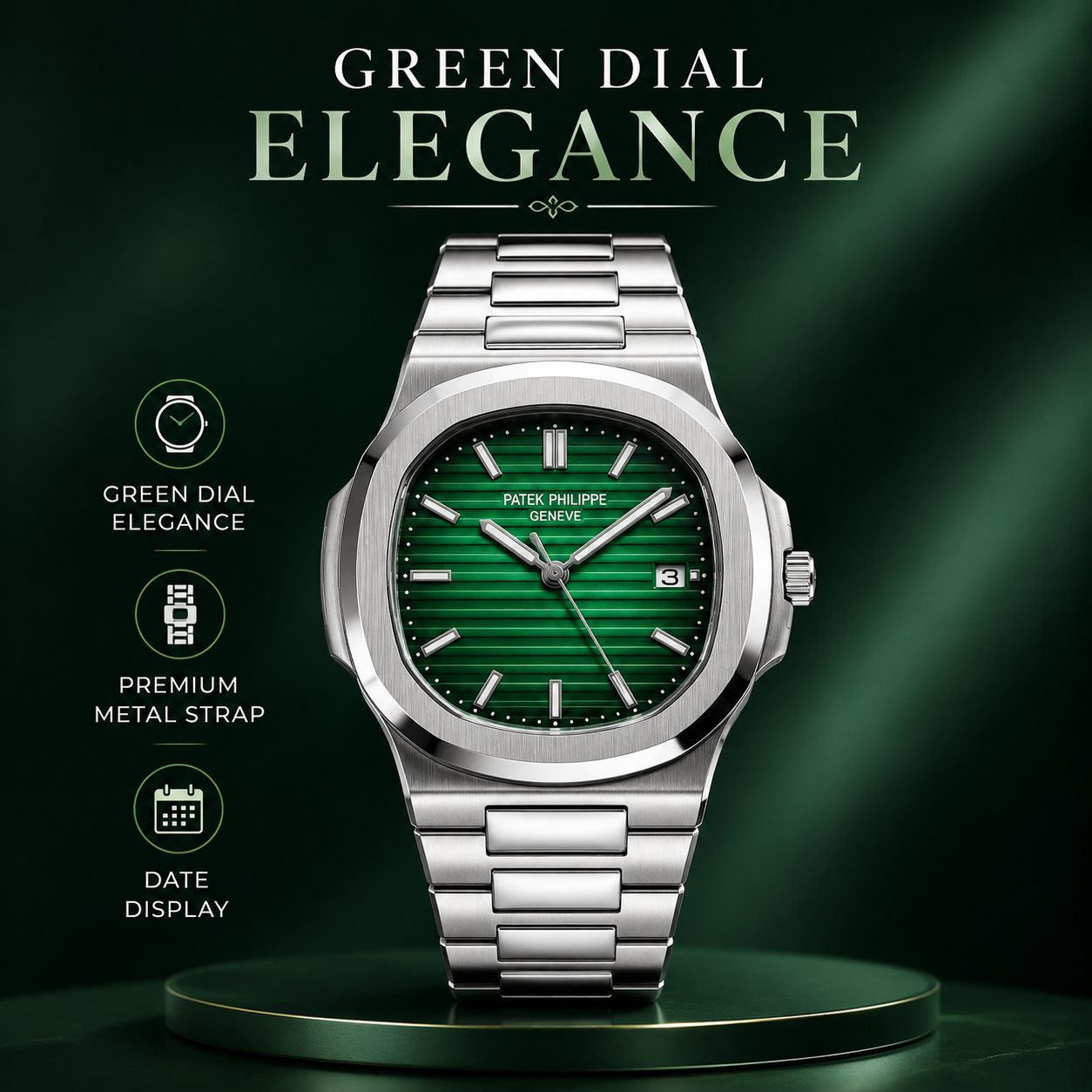 Men’s Luxury Style Green Dial Watch – Silver Metal Strap Analog Wrist Watch with Date Display for Casual & Formal Wear - Image 8
