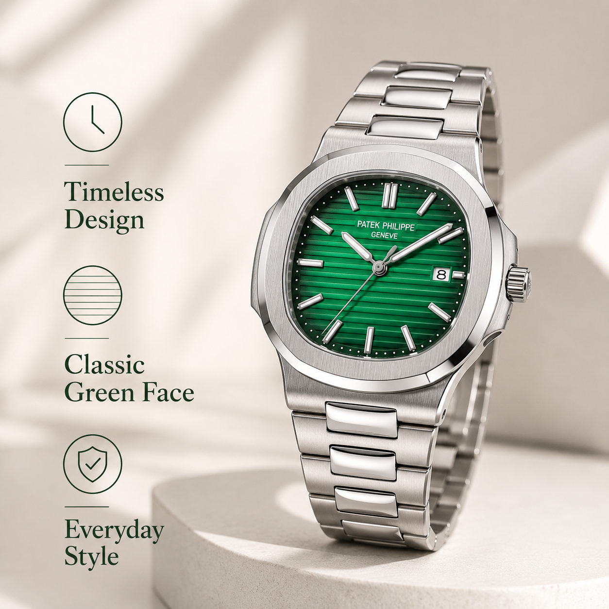 Men’s Luxury Style Green Dial Watch – Silver Metal Strap Analog Wrist Watch with Date Display for Casual & Formal Wear - Image 4