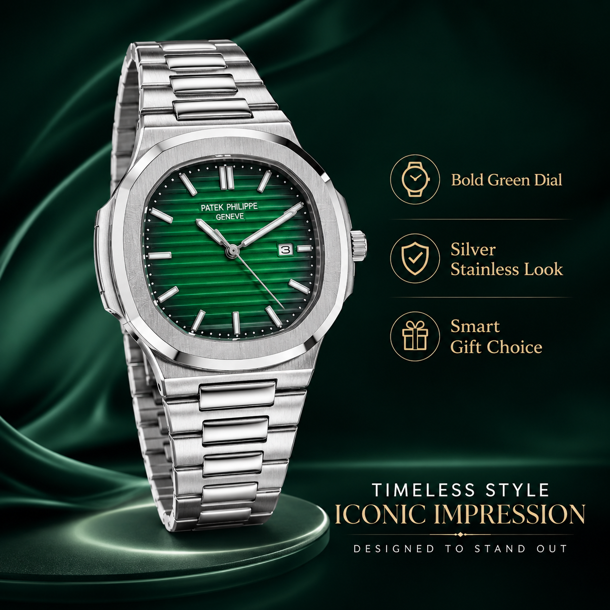 Men’s Luxury Style Green Dial Watch – Silver Metal Strap Analog Wrist Watch with Date Display for Casual & Formal Wear - Image 3