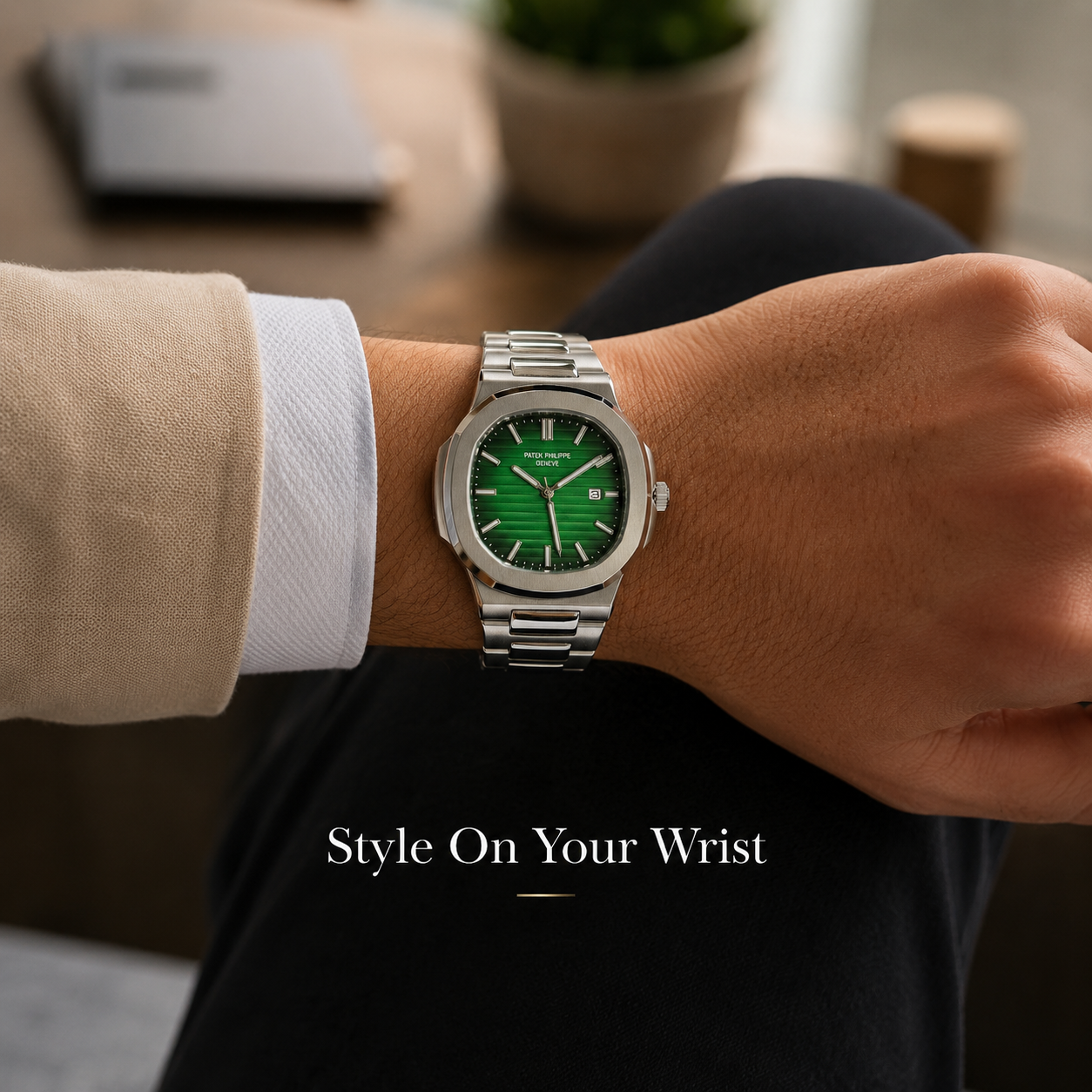 Men’s Luxury Style Green Dial Watch – Silver Metal Strap Analog Wrist Watch with Date Display for Casual & Formal Wear - Image 2