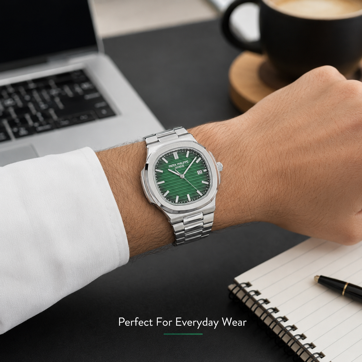 Men’s Luxury Style Green Dial Watch – Silver Metal Strap Analog Wrist Watch with Date Display for Casual & Formal Wear - Image 5