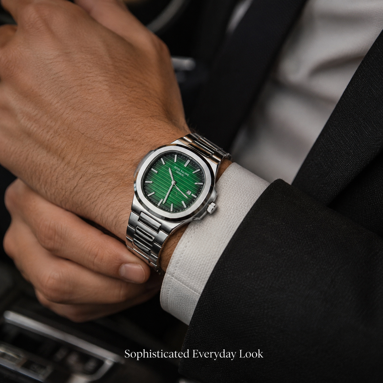 Men’s Luxury Style Green Dial Watch – Silver Metal Strap Analog Wrist Watch with Date Display for Casual & Formal Wear - Image 6